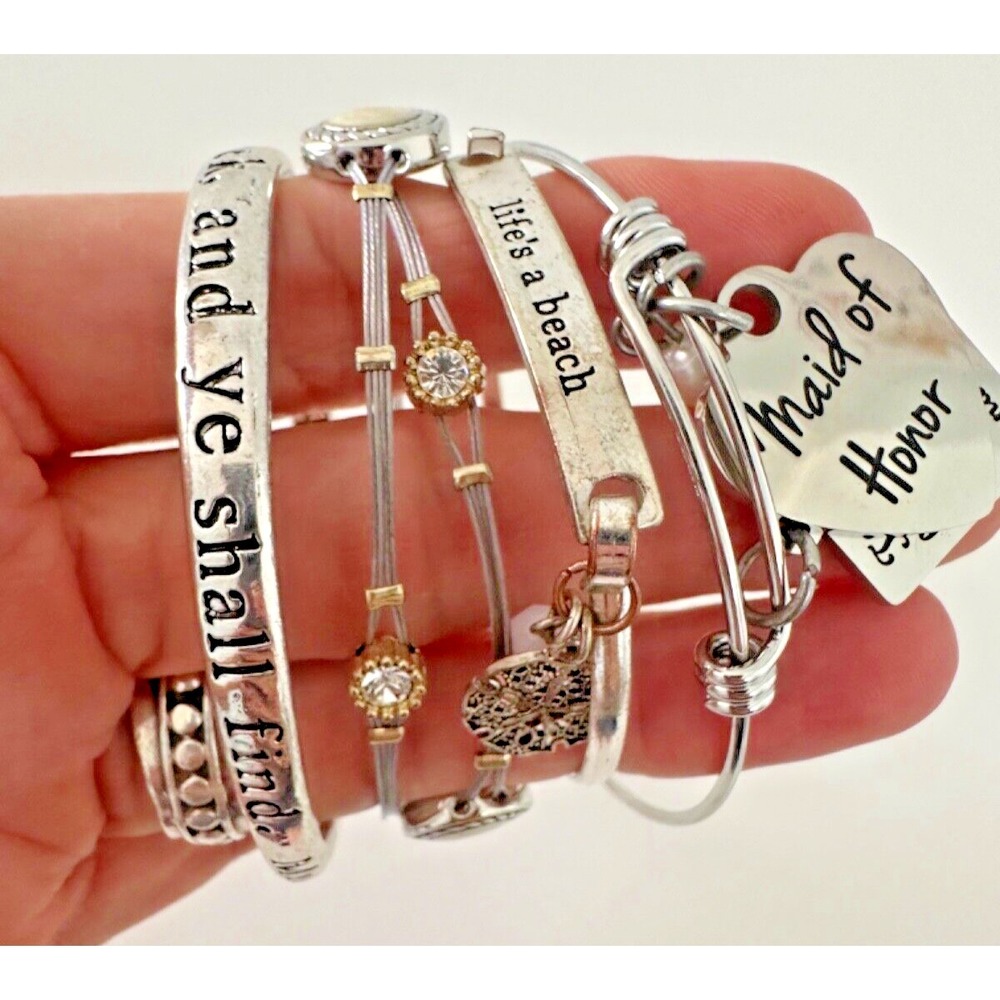 Bangle Bracelets Silver Tone Inspirational Life A Beach Maid of Honor Lot 5 pc